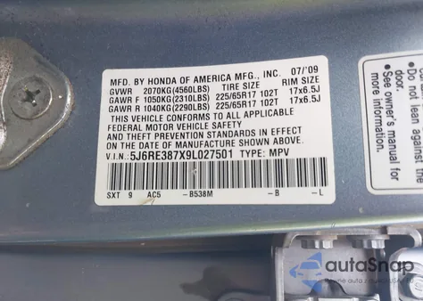 2009 Honda Cr-V Ex-L from USA, damaged, VIN 5J6RE387X9L027501